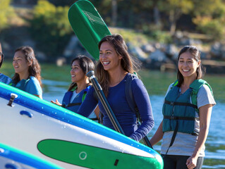 Obraz premium Group of diverse women carrying kayaks, enjoying a kayaking trip on a sunny day.