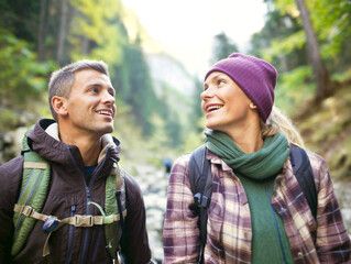 Fototapeta premium A happy couple smiles as they hike through a scenic autumn forest, enjoying the vibrant fall foliage and fresh air.