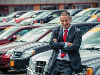 A sleazy used car salesman stands in his lot, ready to pressure customers into a bad deal.
