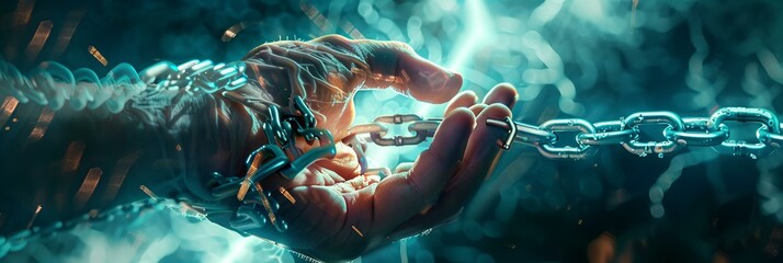 Powerful image of hands breaking chains with lightning effects. Strength and freedom concept - obrazy, fototapety, plakaty