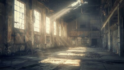 Sunrays streaming through vintage factory windows. Abandoned industrial space concept - obrazy, fototapety, plakaty