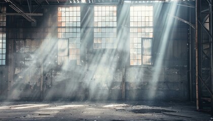 Sunrays streaming through vintage factory windows. Abandoned industrial space concept