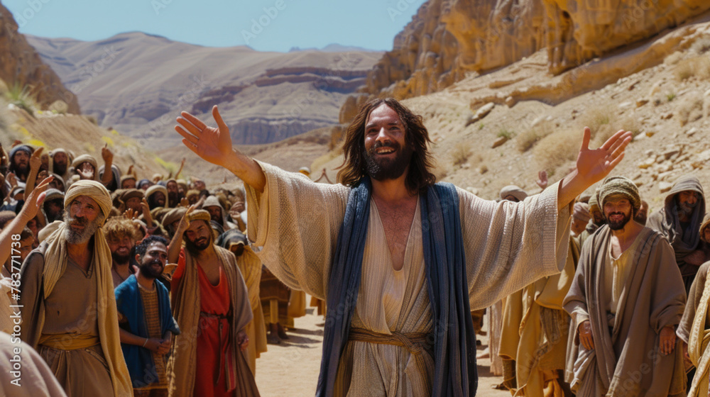 Wall mural Jesus Christ preaching, crowd of listeners around him