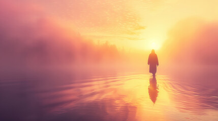 Fototapeta premium Jesus Christ walking on sea surface, magnificent sunrise light
