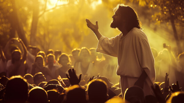 Jesus Christ preaching, crowd of listeners around him