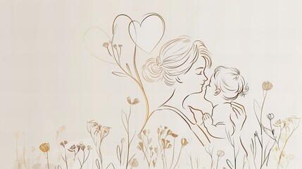 Mother and child line art with heart. Simple and emotional design concept for Mother's Day
