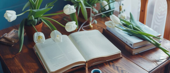 open empty mockup notebook with blooming white tulips flowers and bright tape lying next to it on a wooden table created with Generative AI Technology - obrazy, fototapety, plakaty