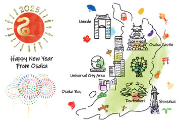大阪の観光地のイラストマップ年賀状2025年