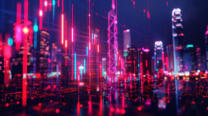 Abstract holographic space, cityscape and financial graphs - obrazy, fototapety, plakaty