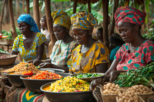African women of the Dorze ethnic group are selling food at the Dorze village tribal market