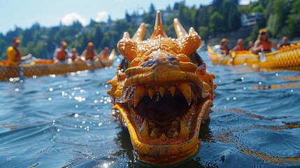 Dragon boat race in full swing, showcasing the intricate dragon head design and teams in orange rowing in concert on a bright, sunny day. The water splashes add dynamic energy.