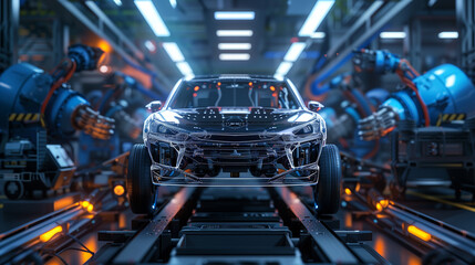 A futuristic car is being built in a factory. The car is made of metal and has a sleek design. The factory is filled with machines and workers, all focused on creating the perfect car