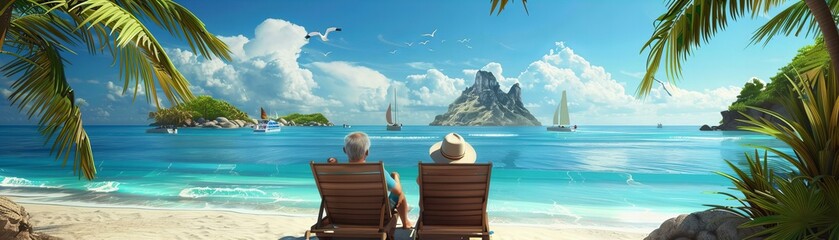 Two people relaxing on beach chairs, enjoying a tropical beach view with palm trees and sailing boat