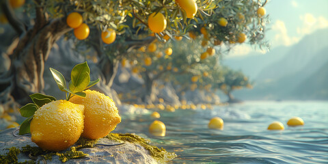 A collection of lemons placed on a rugged rock surface banner copy space