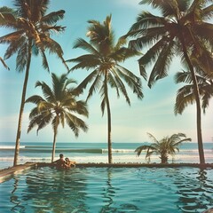 Tranquil infinity pool with ocean view flanked by palm trees. Luxury travel and relaxation concept