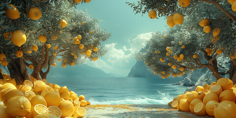 Several vibrant lemons lying grouped together on the floor banner copy space