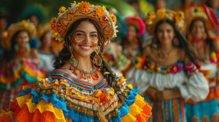 Festa Junina celebration with women in vibrant, traditional costumes, dancing joyously, exuding cultural richness and festivity.