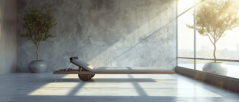 Sunny modern gym with panoramic windows and yoga equipment. Fitness and wellness concept