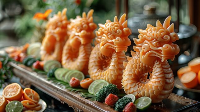 Exquisite dragon-shaped fruit carvings displayed at the Dragon Boat Festival. These detailed sculptures celebrate traditional Chinese artistry and cultural heritage.