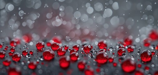 A close-up shot of red drops glistening like glass against a serene gray backdrop