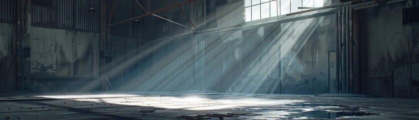 Sunlight streaming into an abandoned factory interior. Atmospheric and moody location for cinematic