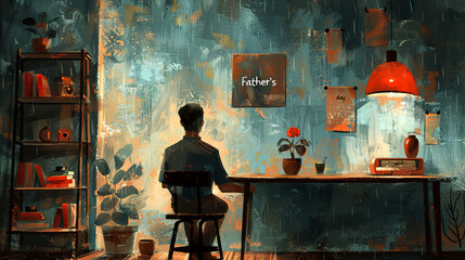 A digital illustration of sad father sitting at a desk surrounded by books, plants, and dim lighting, commemorating Father's Day.  - obrazy, fototapety, plakaty