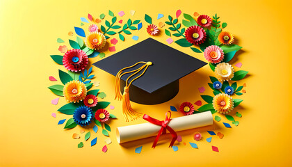 Fototapeta na wymiar graduation cap and diploma. Graduation concept with cap, diploma and paper flowers on a yellow background, ideal for education or party planning businesses.