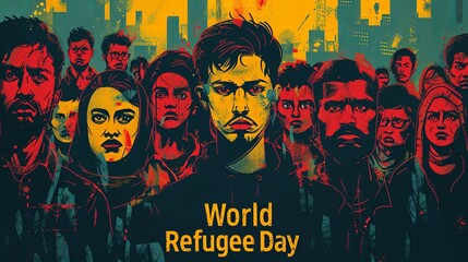 Illustrative artwork depicting diverse individuals for World Refugee Day, highlighting various emotions and cultural backgrounds. A powerful representation of global unity and awareness. - Powered by Adobe