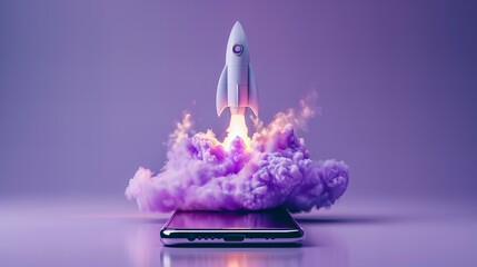 Rocket launch from a smartphone concept. Innovation and technology theme for mobile, - obrazy, fototapety, plakaty