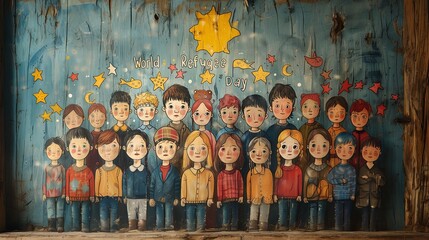 Vibrant illustration depicting a group of diverse children celebrating World Refugee Day, set against a rustic wooden backdrop adorned with stars and moons.