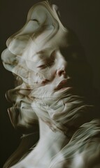Ethereal portrait of a woman with swirling smoke emerging from her mouth and hair in a mystical and mesmerizing image