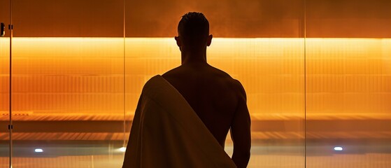 Silhouette of a man with towel in dramatic lighting. Wellness and self-care concept