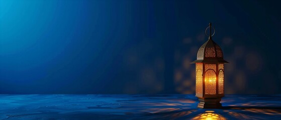 Fototapeta na wymiar Traditional Ramadan lantern with intricate design on a subtle blue background. Festive concept