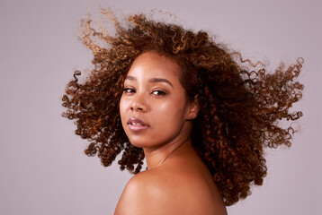 Afro, hair and portrait of black woman in studio with confidence, pride and salon. Natural...