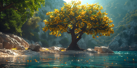 A lemon tree is positioned in the center of a body of water banner