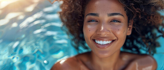 beautiful feminine young girl model happy and smiling face swimming at pool with natural golden soft light created with Generative AI Technology - obrazy, fototapety, plakaty
