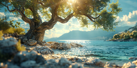 A tree growing on the shore of a body of water banner