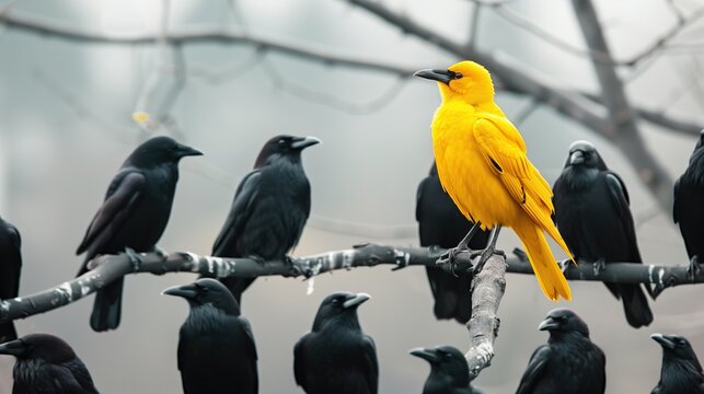 A lone yellow crow standing tall on a barren tree branch amidst a group of black crows, emphasizing the theme of standing out and leading with its vibrant plumage