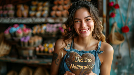 Cheerful young woman holding a heart-shaped bread with 'Dia Dos Namorados' written on it, surrounded by a cozy, rustic bakery setting. - Powered by Adobe