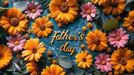 Bright and vibrant Father's Day greeting with a variety of colorful flowers on a textured blue background, celebrating paternal love. - 783773359