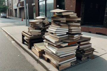 Fototapeta na wymiar Stacks of various books on a sidewalk, urban backdrop, street view, disorganized yet charming, a scene of city life