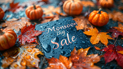 Promotional image depicting a Monsoon Big Sale sign, surrounded by vibrant autumn leaves and pumpkins with water droplets, conveying a seasonal sale atmosphere. - 783773399