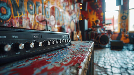 Music studio filled with instruments and a graffiti backdrop. Focus on a guitar amplifier on a...