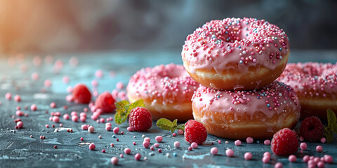 A stack of pink donuts topped with colorful sprinkles and fresh raspberries copy space banner - obrazy, fototapety, plakaty