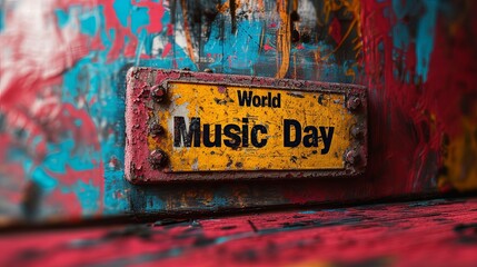 Rustic, weathered sign that reads 'World Music Day' set against a vivid, grungy background with splashes of red, blue, and yellow paints. - 783773534