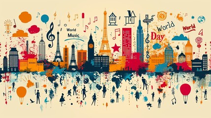 Colorful illustration celebrating World Music Day, featuring musical symbols and iconic world city skylines amidst vibrant splashes of paint. Perfect for cultural and musical themes. - 783773554