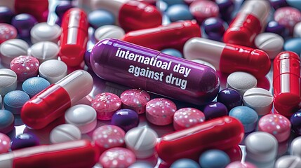 Visually striking collection of colorful capsules and pills, prominently featuring a capsule with the inscription 'international day against drug', symbolizing awareness and education on drug abuse. - 783773587