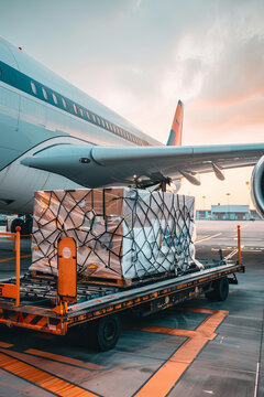 Air cargo logistic containers are loading to an airplane. Air transport shipment prepare for loading to modern freighter jet aircraft at the airport