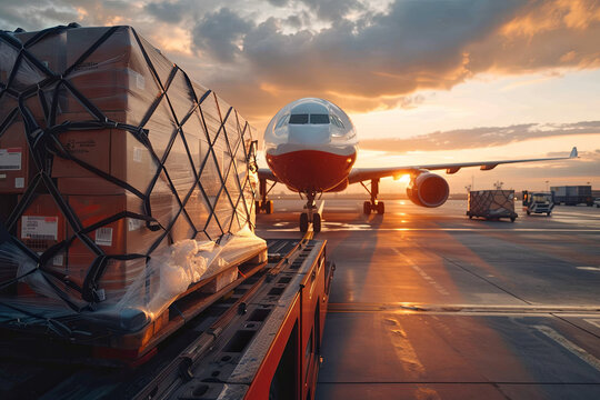 Air cargo logistic containers are loading to an airplane. Air transport shipment prepare for loading to modern freighter jet aircraft at the airport