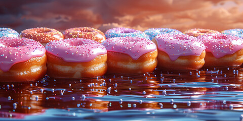 A row of delicious donuts topped with pink frosting and colorful sprinkles banner - obrazy, fototapety, plakaty